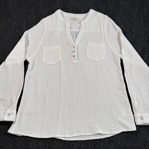 Mote white gauze long sleeve top Henley pullover blouse 100% cotton size XXL